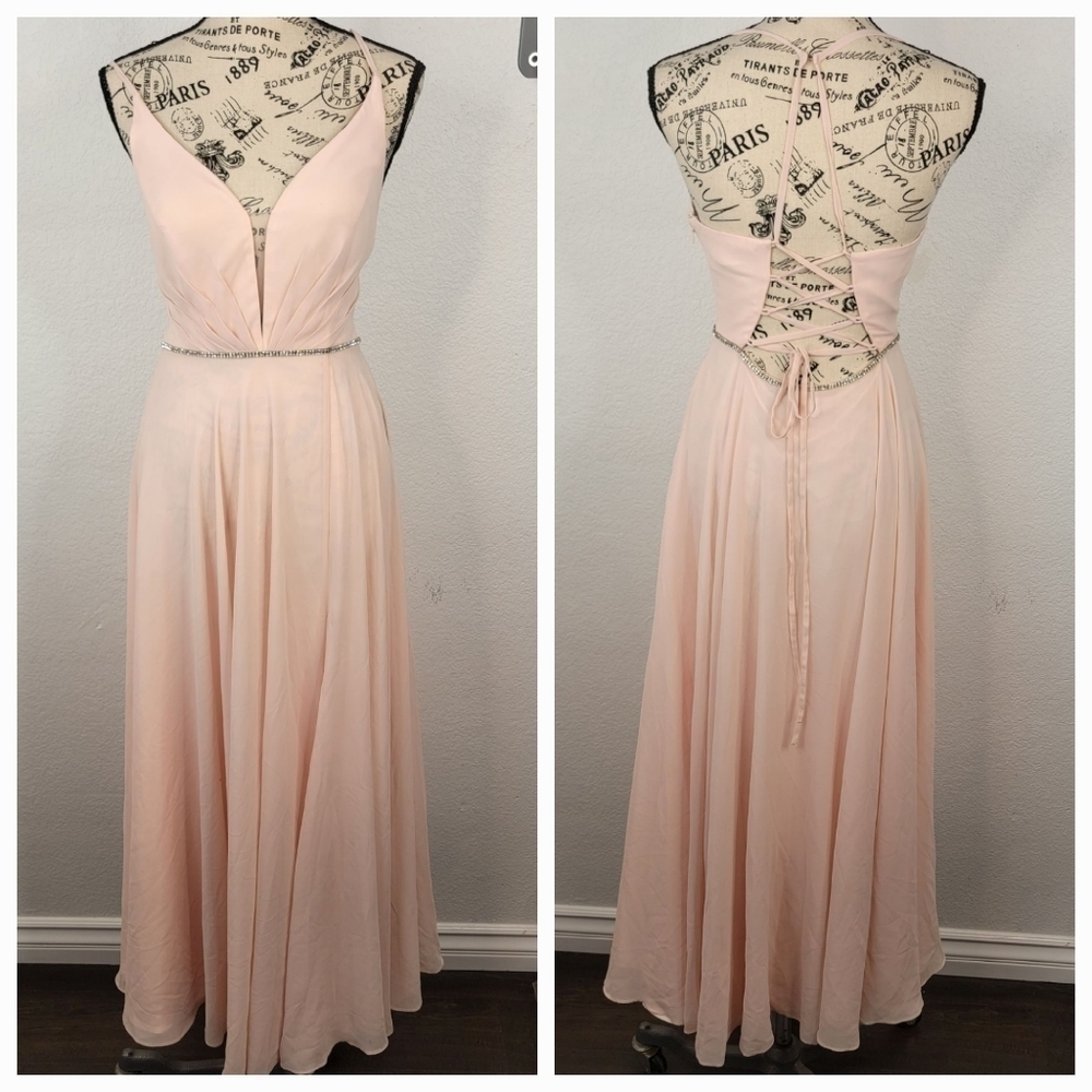 Lulus Sz 2 Maxi Dress Blush V-Neck Under Bust Embellished Corset Back Gown Slit - Picture 2 of 11